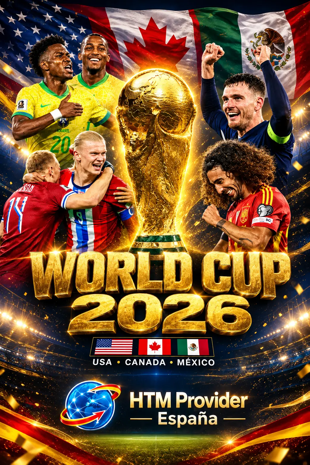 Celebración del Mundial 2026 con la copa, futbolistas y banderas de Estados Unidos, Canadá y México
